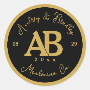 Black Gold 2 Letter Monogram Wedding Classic Round Sticker