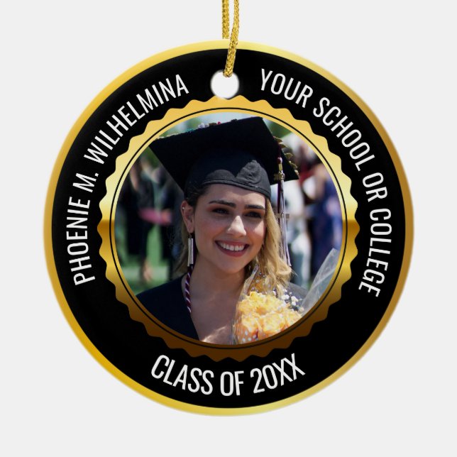 Black & Gold 2 Photo Graduation Class of 2024 Ceramic Ornament (Front)