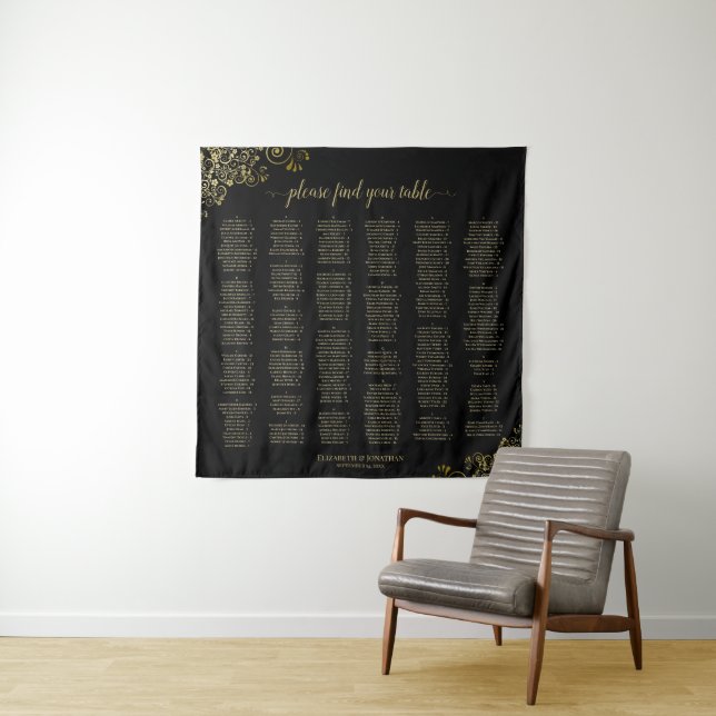 Black & Gold 300 Name Alphabetical Seating Chart Tapestry (In Situ)