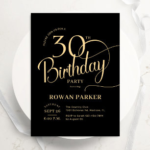 Black Gold 30th Birthday Elegant Script Invitation