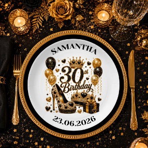 Black Gold 30th Birthday Sparkle Confetti Plate Se