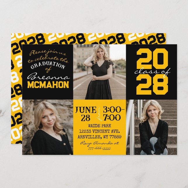 Black & Gold 3 Photo Graduation Invitation (Creator Uploaded)