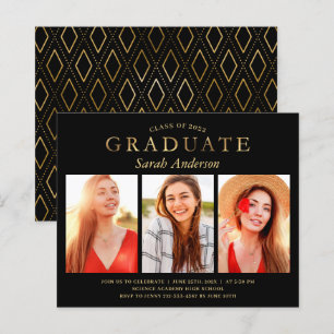 Black Gold 3 Photo Graduation Invitation