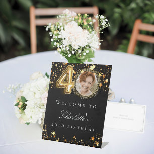 Black gold 40th photo birthday party welcome pedestal sign