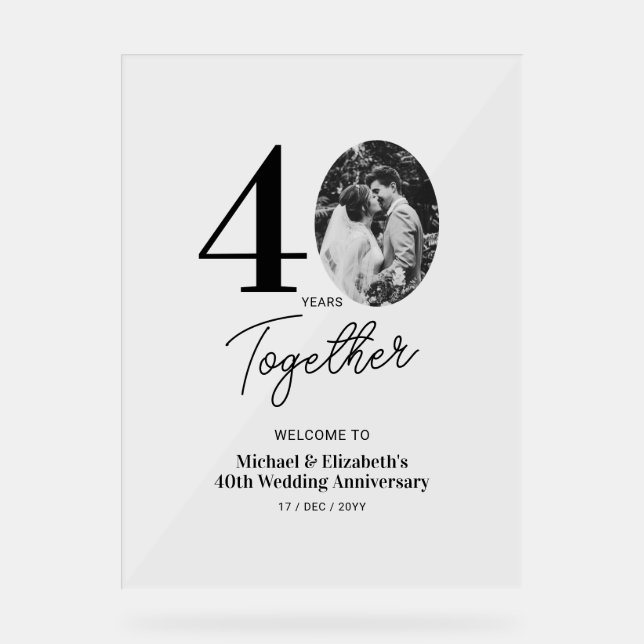 Black Gold 40th Wedding Anniversary Photo Welcome Acrylic Sign (Front)
