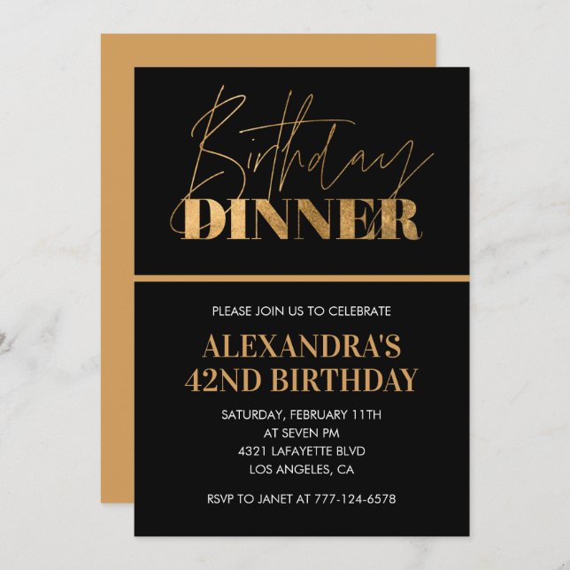 Black Gold 42nd birthday invitation Dinner Chic (Front/Back)