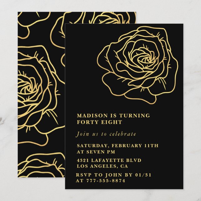 Black Gold 48th birthday invitations Floral (Front/Back)