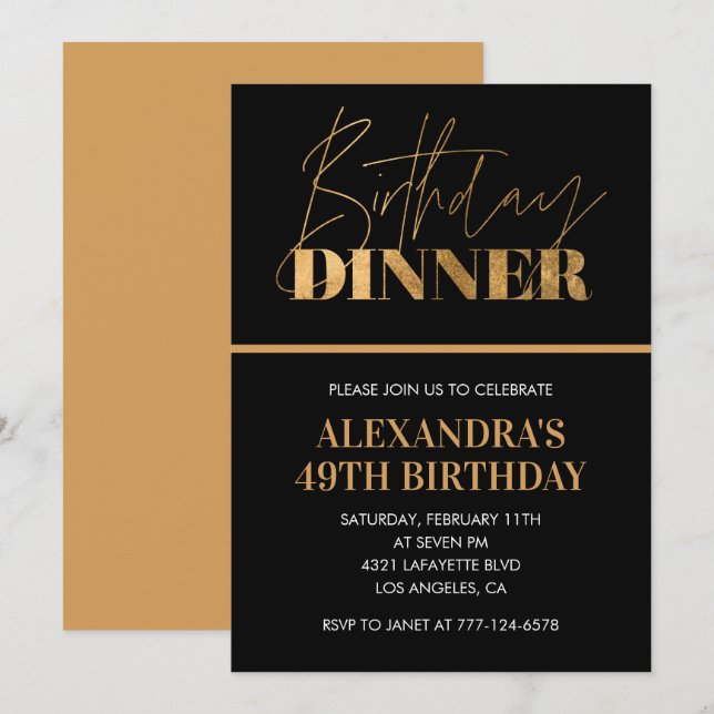 Black Gold 49th birthday invitation Dinner Chic (Front/Back)