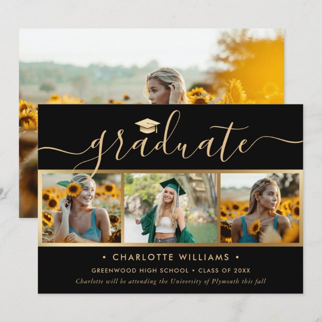 Black Gold 4 Photo Collage Script Graduation Announcement (Front/Back)