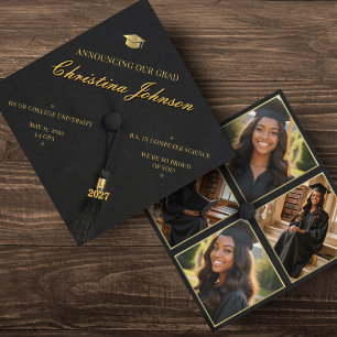 Black & Gold 4 Photo Grad Cap Graduation Announcement
