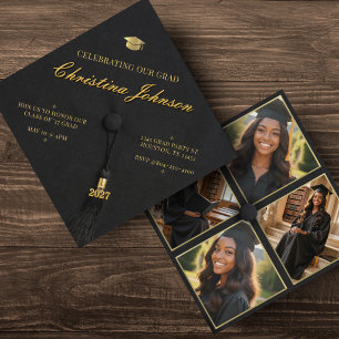 Black & Gold 4 Photo Grad Cap Graduation Party