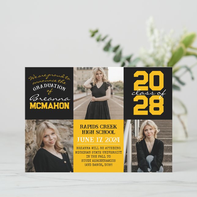 Black & Gold 4 Photo Graduation Announcement (Creator Uploaded)