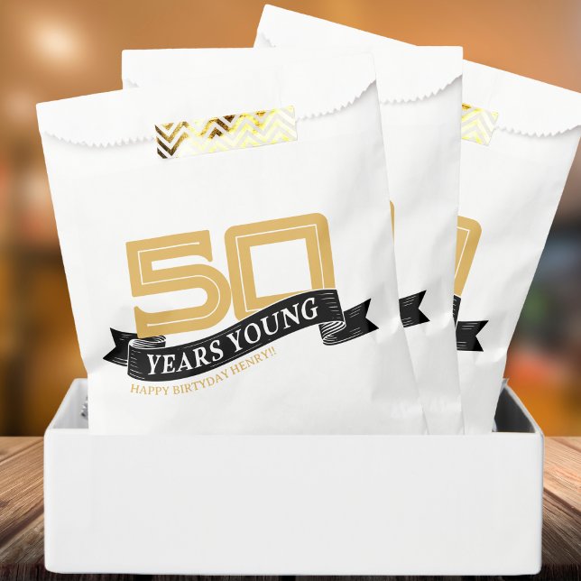 Black & Gold 50 Years Young Banner 50th Birthday Favour Bag (Black & Gold 50 Years Young Banner 50th Birthday Favor Box)