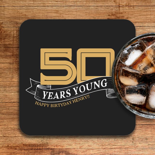 Black & Gold 50 Years Young Banner 50th Birthday Square Paper Coaster (Black & Gold 50 Years Young Banner 50th Birthday Square Paper Coaster
)
