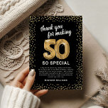 Black Gold 50th Adult Birthday Thank You Card<br><div class="desc">Elegant fiftieth birthday party thank you cards featuring a stylish black background that can be changed to any colour,  gold sparkly glitter,  fifty gold hellium balloons,  and a modern thank you template that is easy to personalize.</div>