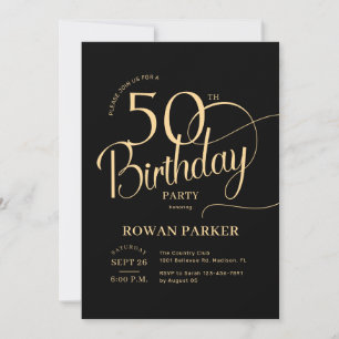 Black Gold 50th Birthday Elegant Script Invitation