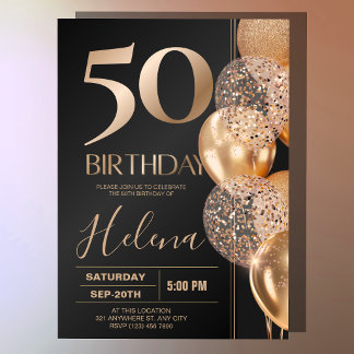 Black Gold 50th Birthday Glam Confetti Balloons Invitation