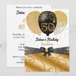 Black & Gold 50th Birthday Silk Balloon Gala Invitation