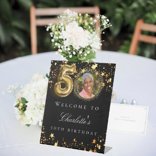Black gold 50th photo birthday party welcome pedestal sign