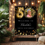 Black gold 50th photo birthday party welcome poster<br><div class="desc">A welcome sign for a 50th birthday party. Black background and faux gold coloured stars. Personalize and add a name and photo.</div>