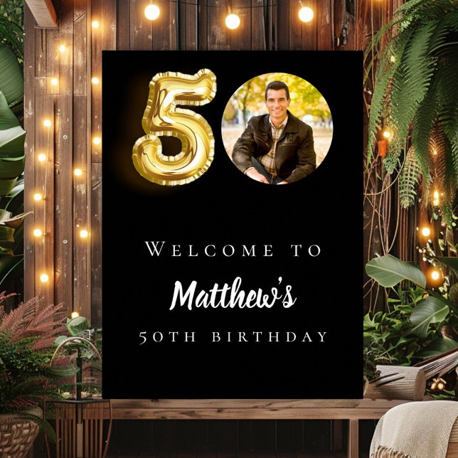 Black gold 50th photo birthday party welcome poster (Creator Uploaded)