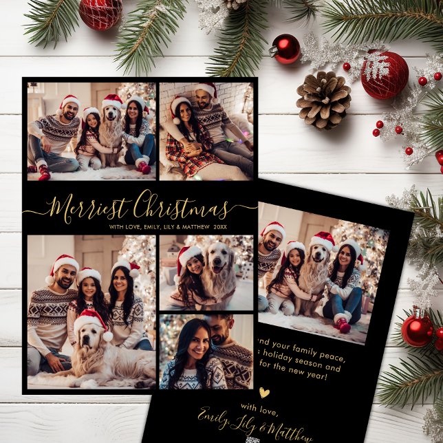 Black Gold 5 Photo Collage Merriest Christmas  Holiday Card (Creator Uploaded)