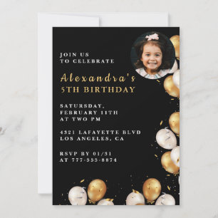 Black Gold 5th birthday invitation Balloon Photo 