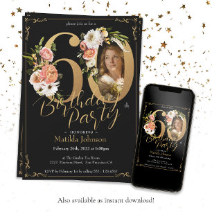 Black Gold 60th Birthday Floral Boho Custom Photo Invitation