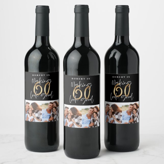 Black gold 60th birthday multi photo party wine label (Bottles)