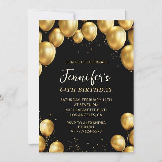 Black Gold 64th birthday invitations Balloons (Front)