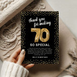 Black Gold 70th Adult Birthday Thank You Card<br><div class="desc">Elegant seventieth birthday party thank you cards featuring a stylish black background that can be changed to any colour,  gold sparkly glitter,  seventy gold hellium balloons,  and a modern thank you template that is easy to personalize.</div>