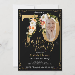 Black Gold 70th Birthday Floral Boho Custom Photo Invitation