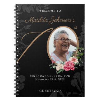 Black Gold 70th Birthday Floral Photo Guestbook Notebook