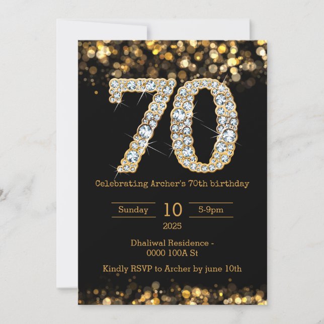 Black gold 70th birthday invitation (Front)