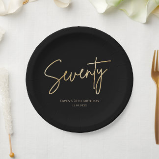 Black & Gold 70th Birthday Party Paper Plates