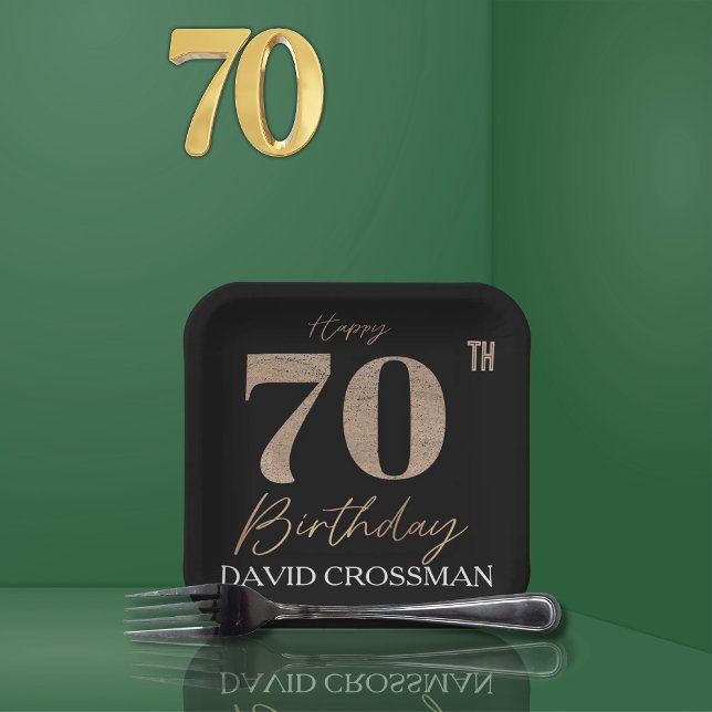 Black Gold 70th Birthday Personalized Name Paper Plate (Creator Uploaded)