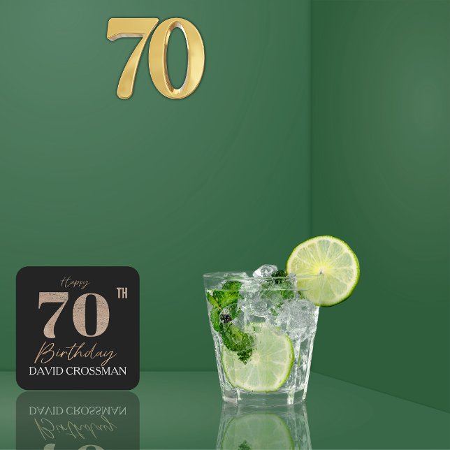 Black Gold 70th Birthday Personalized  Square Paper Coaster (Creator Uploaded)