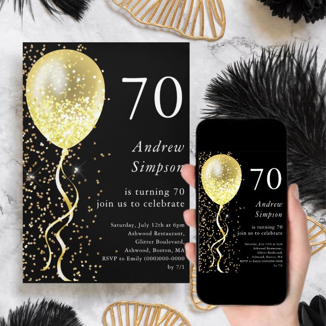 Black & Gold | 70th Glitter Balloon Birthday  Invitation (Creator Uploaded)