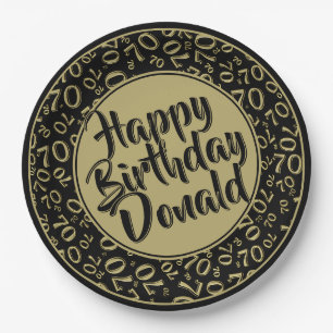 Black/Gold 70th Random Number Pattern Paper Plate