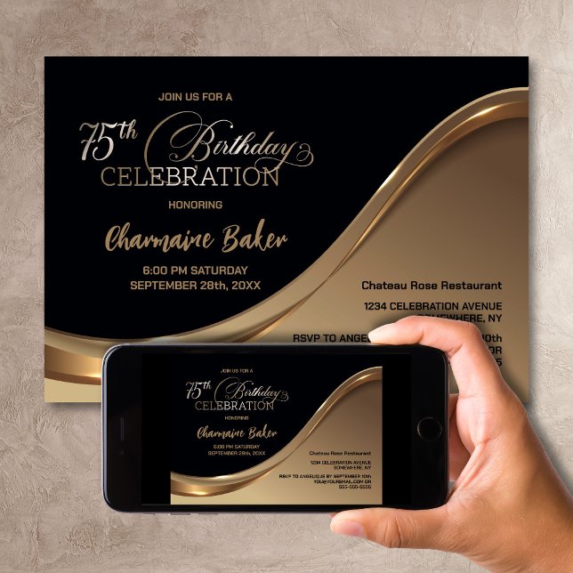 Black Gold 75th Birthday Party Invitation (Créateur téléchargé)