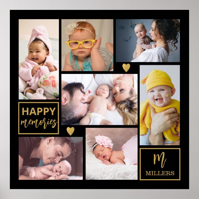  Black & Gold 7 Photo Collage Family Name Monogram Poster (Front)