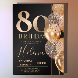 Black Gold 80th Birthday Glam Confetti Balloons Invitation