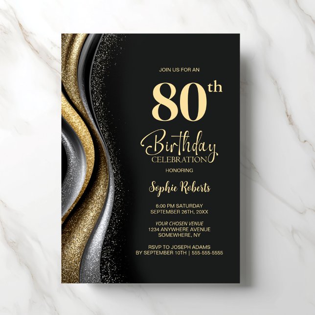 Black Gold 80th Birthday Party Invitation (Creator Uploaded)