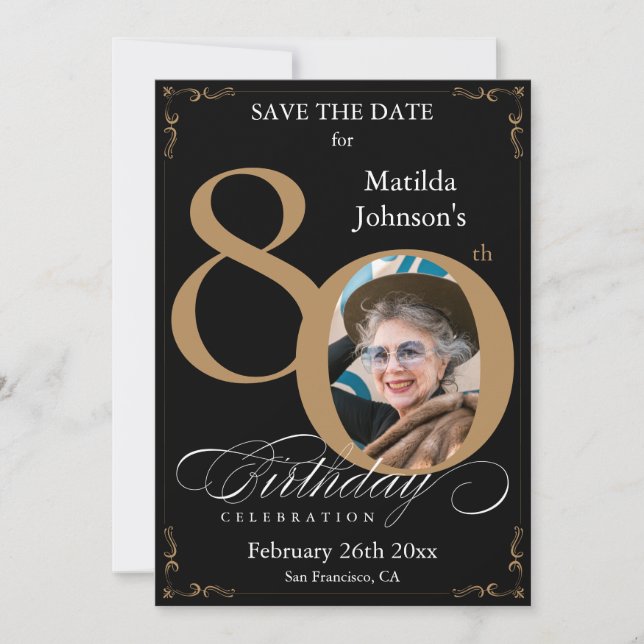 Black Gold 80th Birthday Save The Date Custom Invitation (Front)