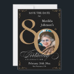 Black Gold 80th Birthday Save The Date Custom Invitation<br><div class="desc">Black Gold 80th Birthday Save The Date Custom Invitation. And elegantly designed special birthday celebration save the date,  featuring a custom photo of birthday person and script calligraphy with vintage flourish elements. Simple enough to fit a variety of themes and colours!
Need help? Simply contact me!</div>