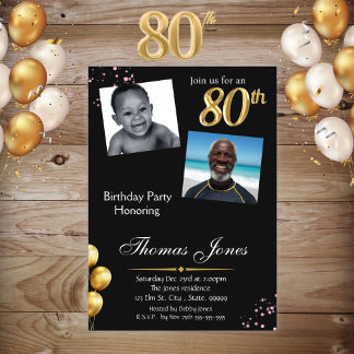 Black Gold 80th Photo Anniversaire Invitation