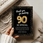 Black Gold 90th Adult Birthday Thank You Card<br><div class="desc">Elegant ninetieth birthday party thank you cards featuring a stylish black background that can be changed to any colour,  gold sparkly glitter,  ninety gold hellium balloons,  and a modern thank you template that is easy to personalize.</div>