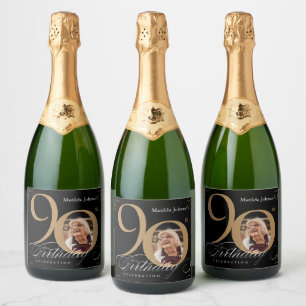 Black Gold 90th Birthday Calligraphy Elegant Photo Sparkling Wine Label