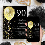 Black & Gold | 90th Glitter Balloon Birthday  Invitation<br><div class="desc">Celebrate your special day in style with our black and gold glitter balloon birthday invitation! This stunning customizable invitation features a sleek black background with an eye-catching gold balloon and a cascade of gold glitter, creating a sophisticated and festive design that will make your guests feel excited to attend your...</div>