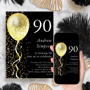 Black & Gold   90th Glitter Balloon Birthday  Invitation